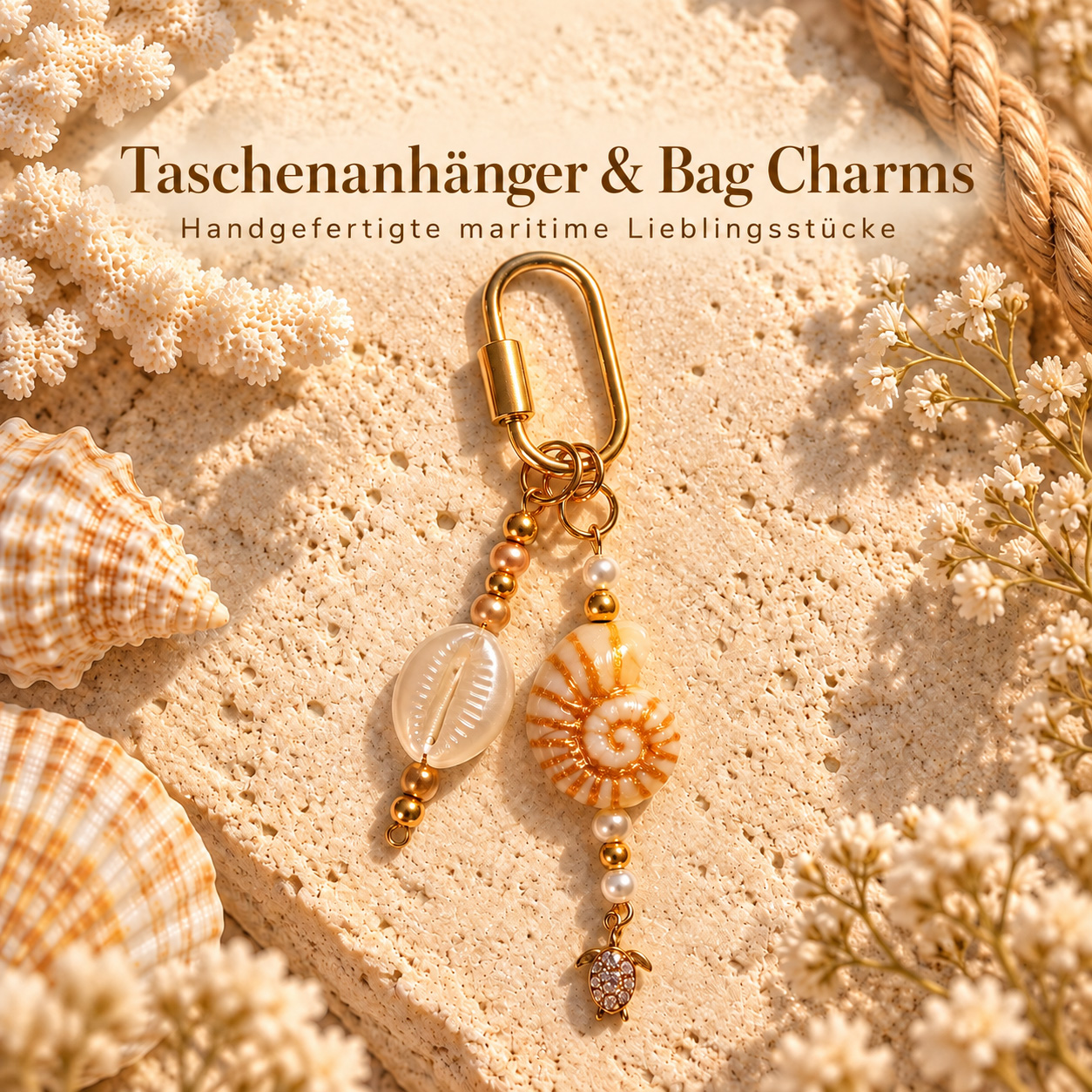 Handgefertigte maritime Taschenanhänger und Bag Charms mit Muscheln, Perlen und besonderen Charms von Ankerglücksherz.